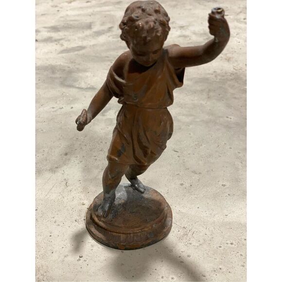 Antique Boy Statue Lamp Chandelier Part Copper - Picture 2 of 10